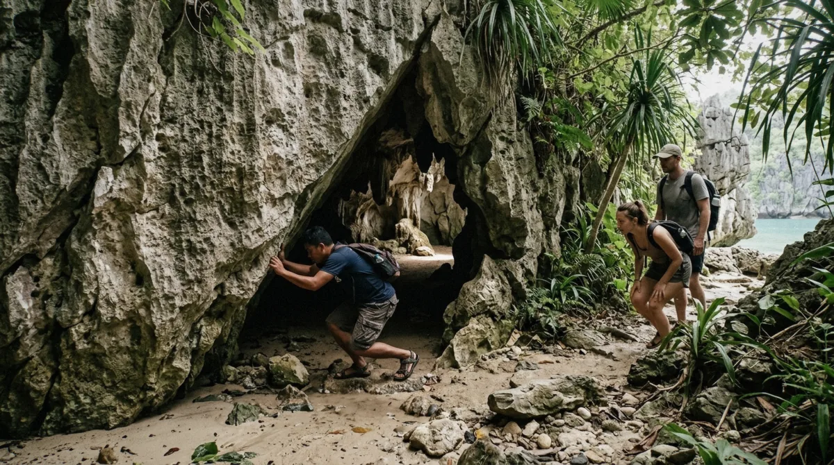 The low limestone entrance to Cudugnon Cave with a guide crouching to enter on Tour B of the el nido island hopping tours, Bacuit Bay, Palawan