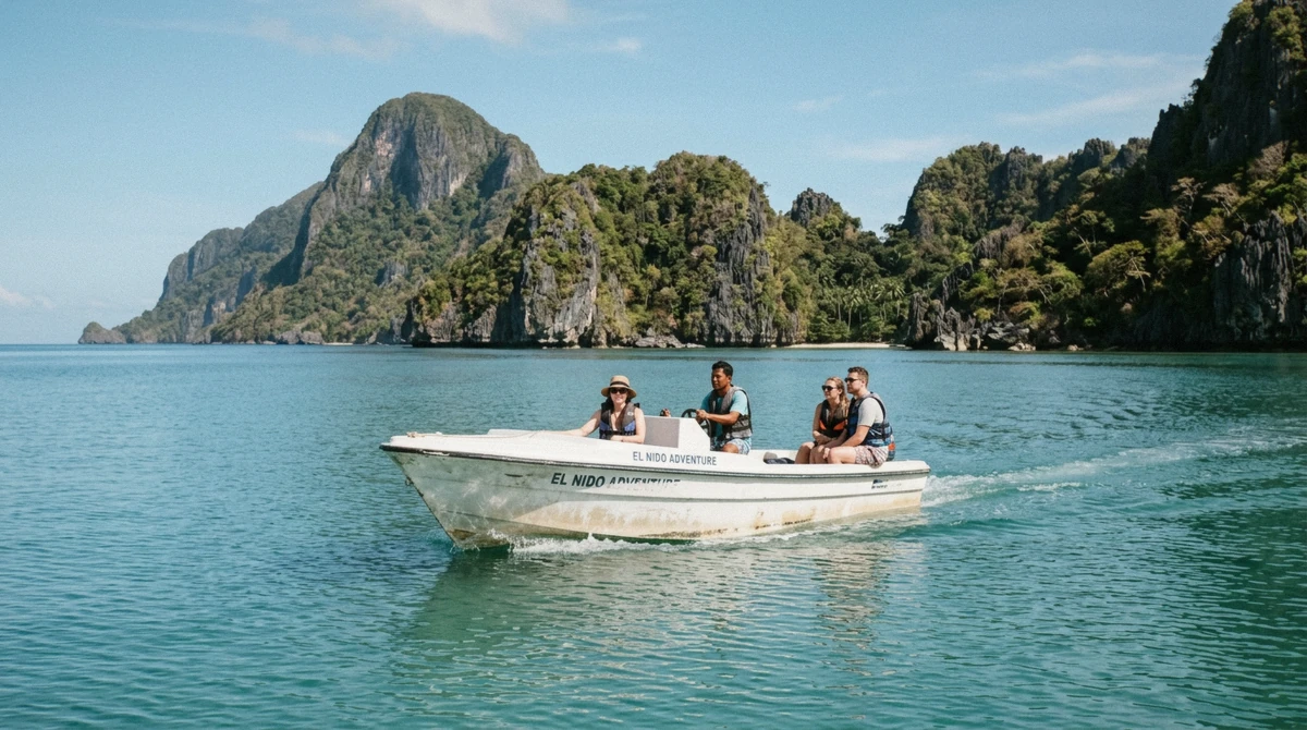 A small private speedboat crossing calm turquoise water past limestone karst islands on a private el nido island hopping tour, Bacuit Bay, Palawan
