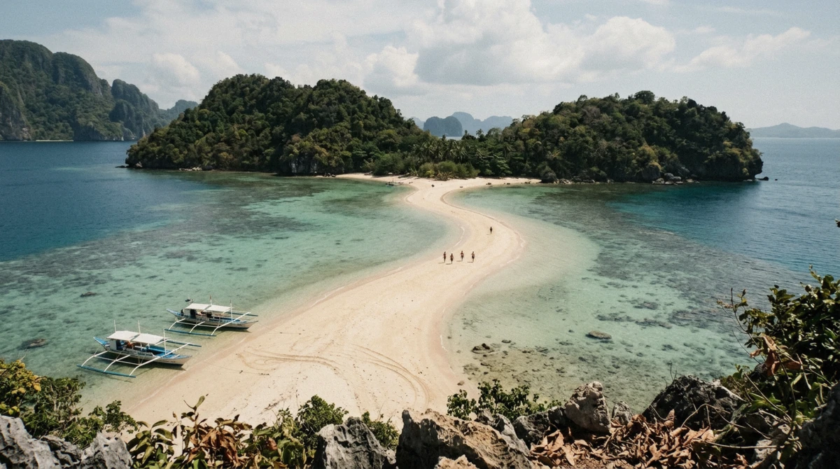 Sandbar between two islands under bright sun on a sheltered el nido island hopping route, Bacuit Bay, Palawan