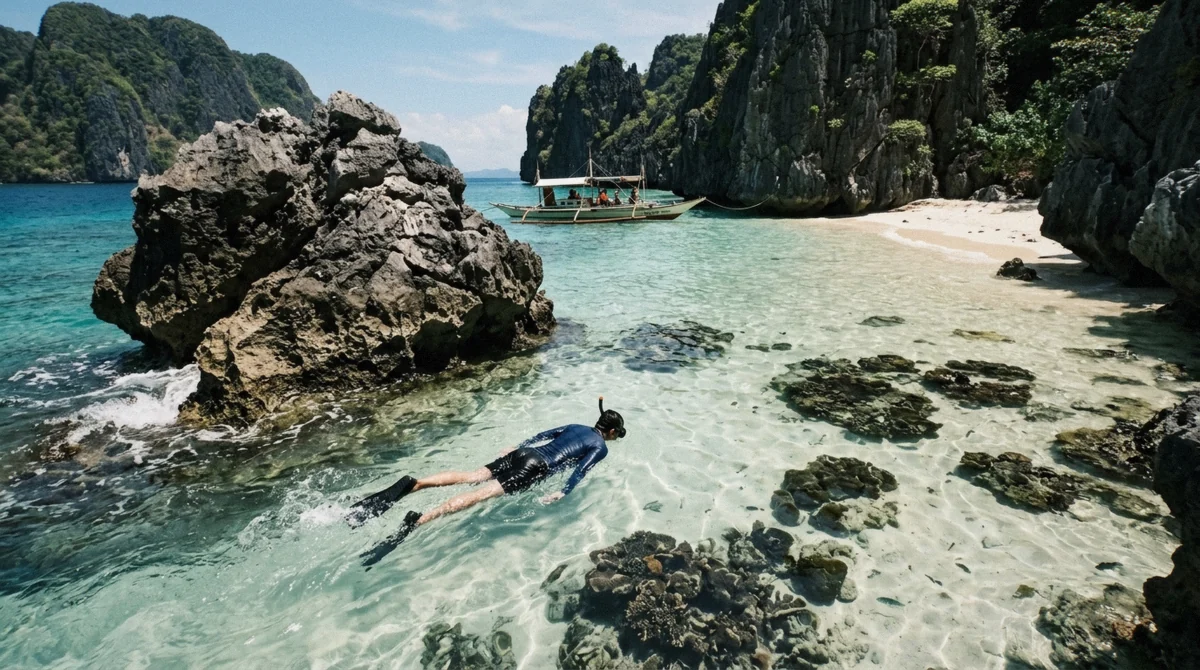 Snorkellers swimming toward the cliff-ringed Hidden Beach on a Tour C El Nido island hopping tour in Bacuit Bay, Palawan